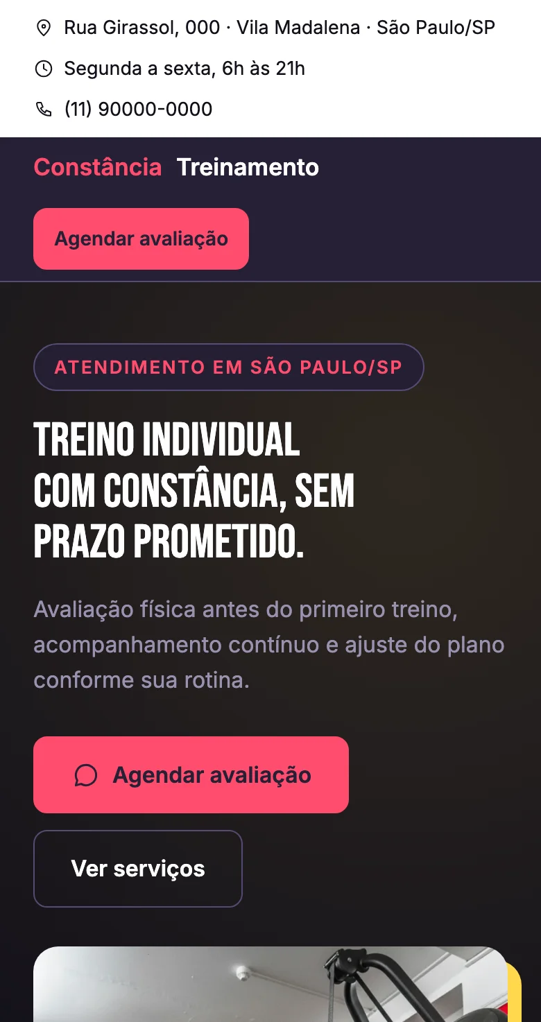 Print do site da Constância Treinamento no celular